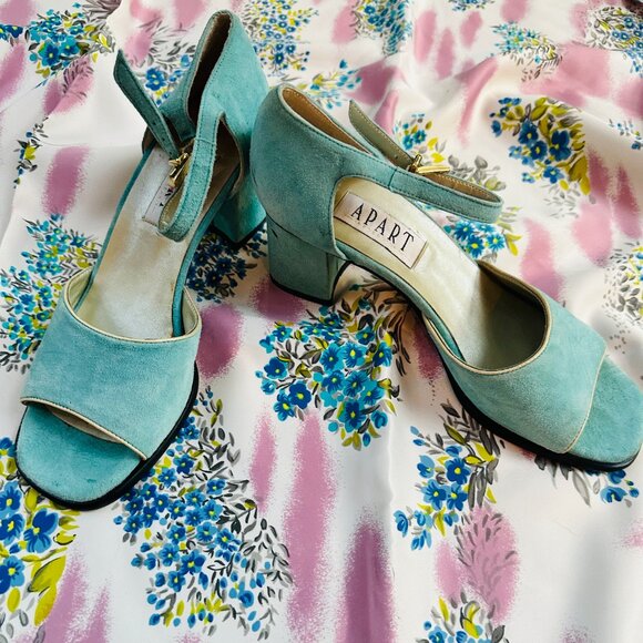 Vintage Y2K Light Blue Suede Chunky Heels Women's Size 8 Peep Toe Party Prom - Picture 2 of 5